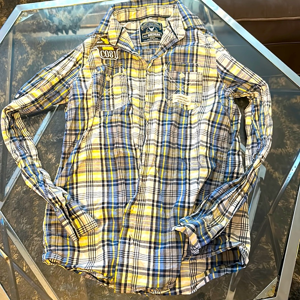Men’s blue and yellow Company 81 plaid shirt button up Size medium